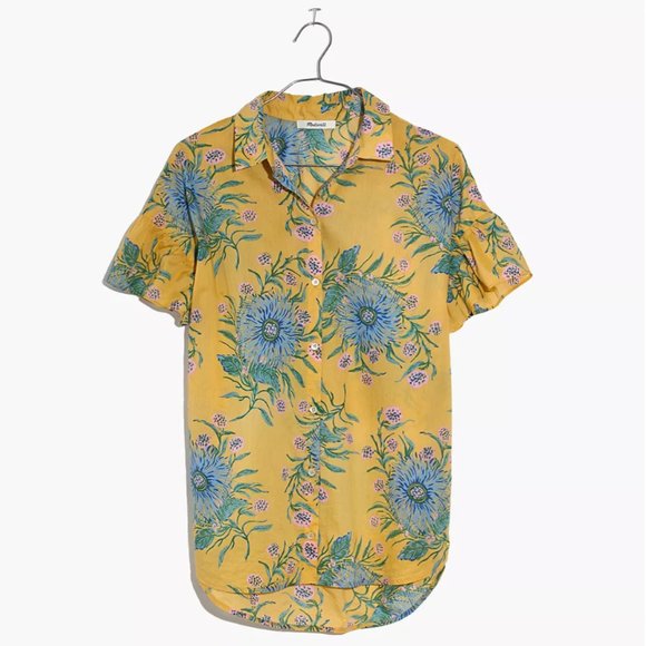 Ruffle-Sleeve Button-Down Shirt in Painted Blooms - Picture 2 of 4